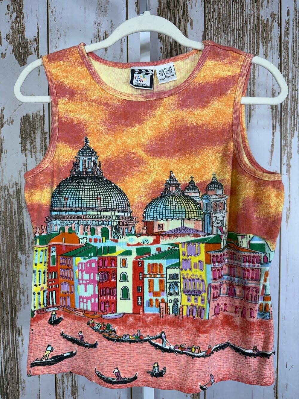 Take Two, 90's All Over Print and Beaded Sleeveless Blouse. Size XL.